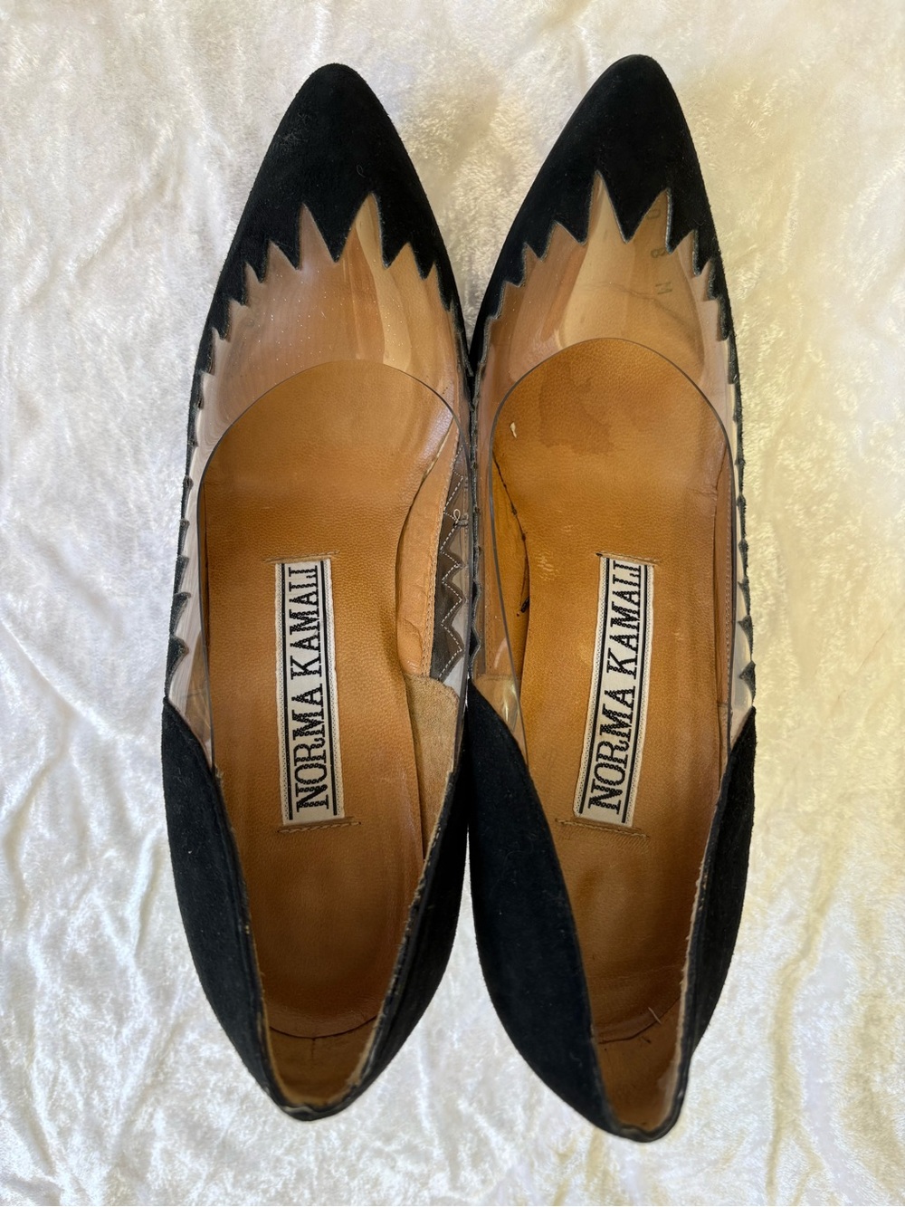 NORMA KAMALI LICKED BY FLAME 1980s Stiletto Pump 8N Suede Clear Vinyl